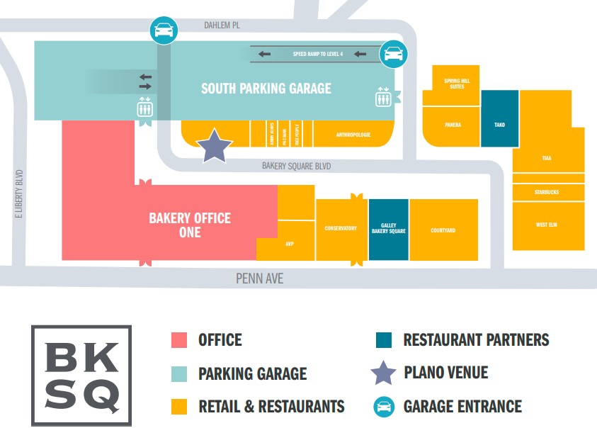 A parking map detailing location of Plano's venue, entrances to the South Parking Garage, and location of restaurant partners.