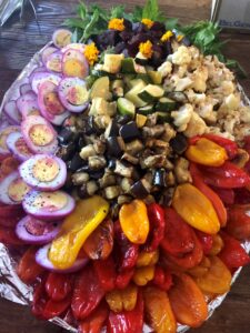 Large roasted vegetable platter with eggs
