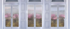 french doors with cherry trees in background