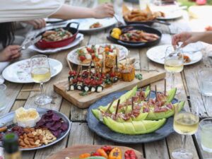 Food and wine on table